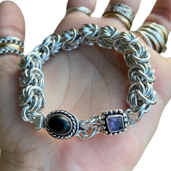 Amethyst & onyx gemstones , handmade maille links bizantine chain bracelet - Picture 5 of 15